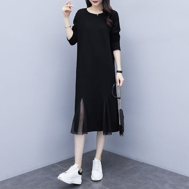 Elegant Black Dress with Mesh Pleated Hem