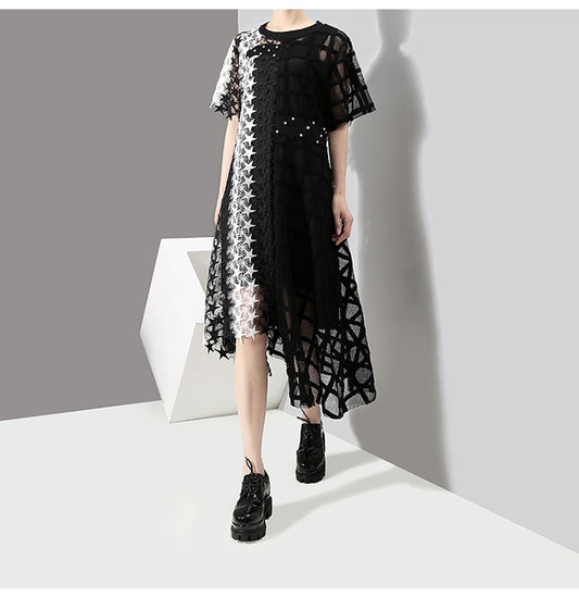 Black and White Unmatched Asymmetrical Mesh Dress
