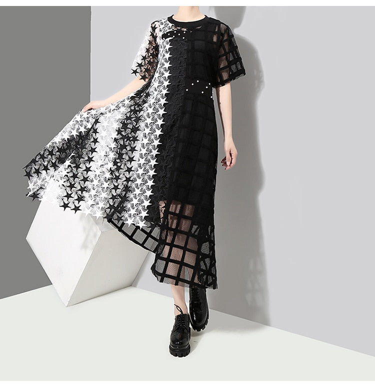 Black and White Unmatched Asymmetrical Mesh Dress