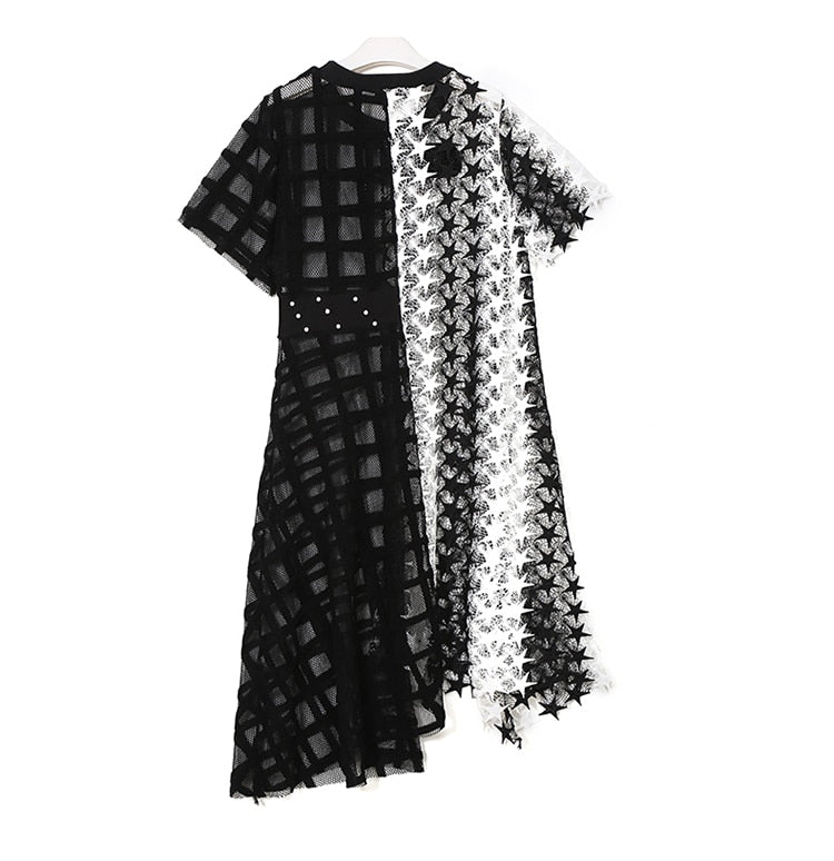 Black and White Unmatched Asymmetrical Mesh Dress