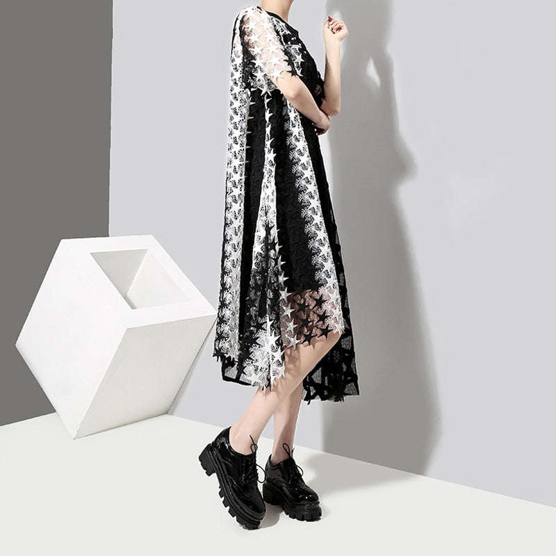 Black and White Unmatched Asymmetrical Mesh Dress