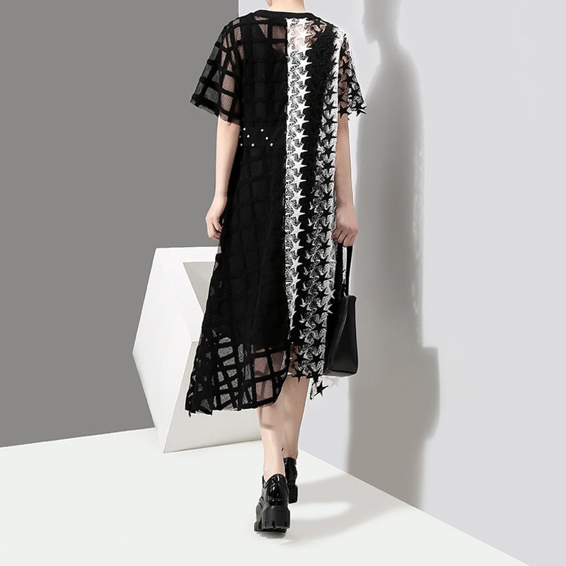 Black and White Unmatched Asymmetrical Mesh Dress