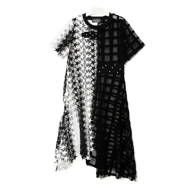 Black and White Unmatched Asymmetrical Mesh Dress