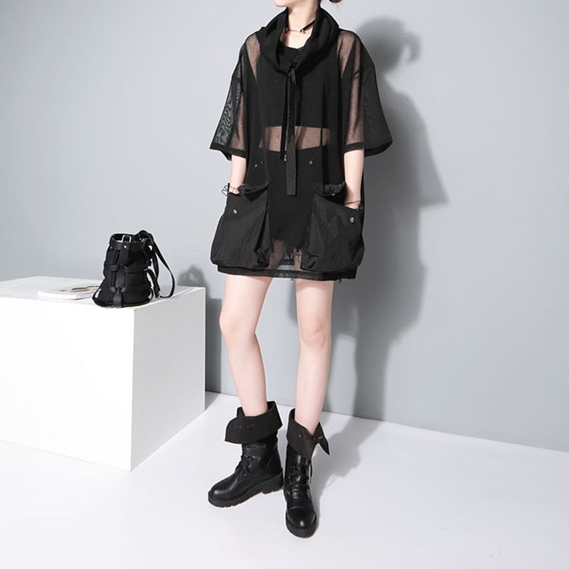Stylish Black Crowl Neck Half Sleeve Big Pockets Mesh Top