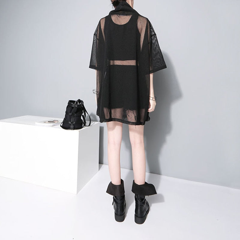 Stylish Black Crowl Neck Half Sleeve Big Pockets Mesh Top
