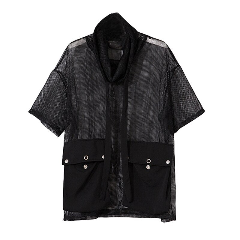 Stylish Black Crowl Neck Half Sleeve Big Pockets Mesh Top