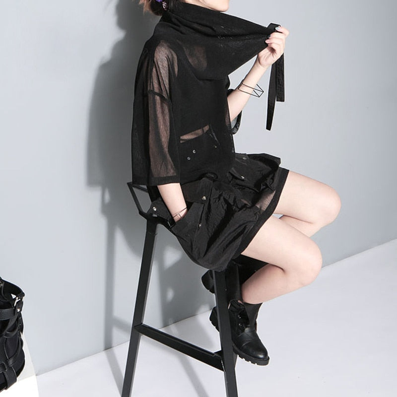 Stylish Black Crowl Neck Half Sleeve Big Pockets Mesh Top