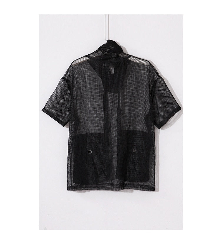Stylish Black Crowl Neck Half Sleeve Big Pockets Mesh Top