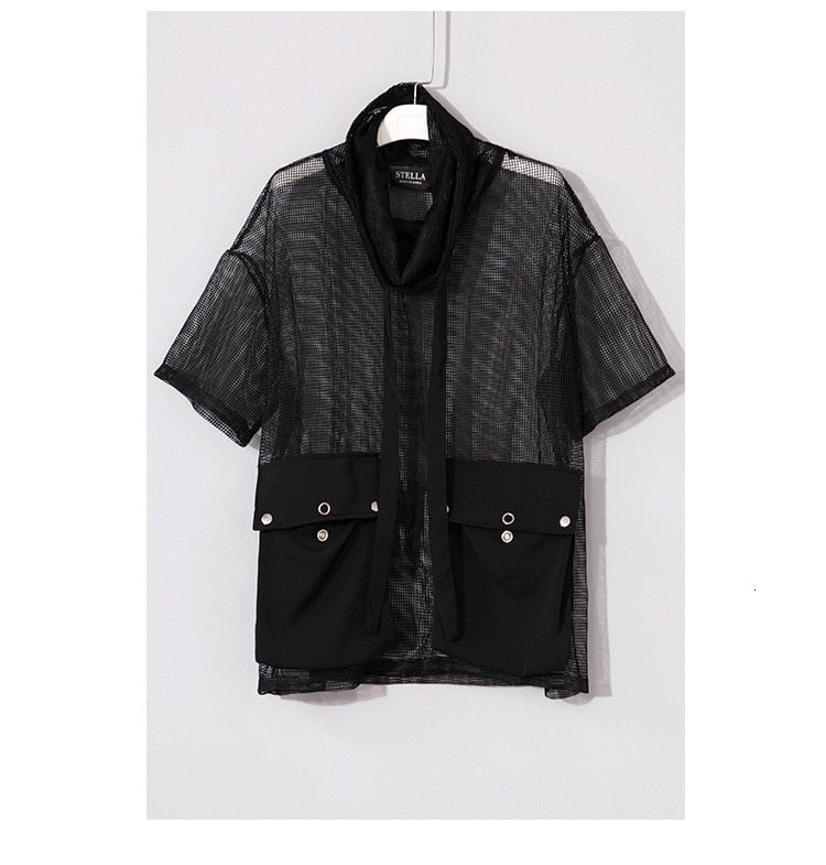 Stylish Black Crowl Neck Half Sleeve Big Pockets Mesh Top