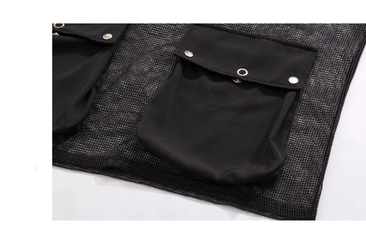 Stylish Black Crowl Neck Half Sleeve Big Pockets Mesh Top