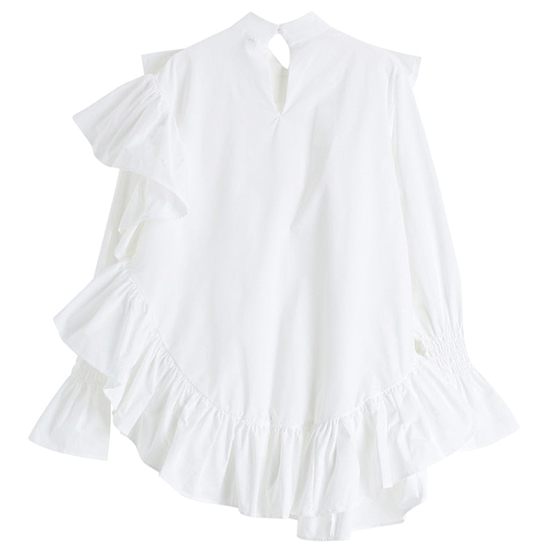 Ruffles Irregular Oversize Stand Collar Tunic Shirt