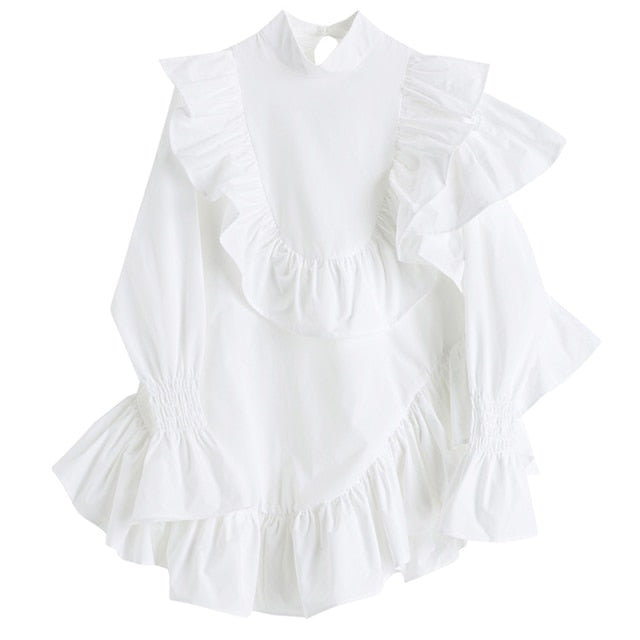 Ruffles Irregular Oversize Stand Collar Tunic Shirt