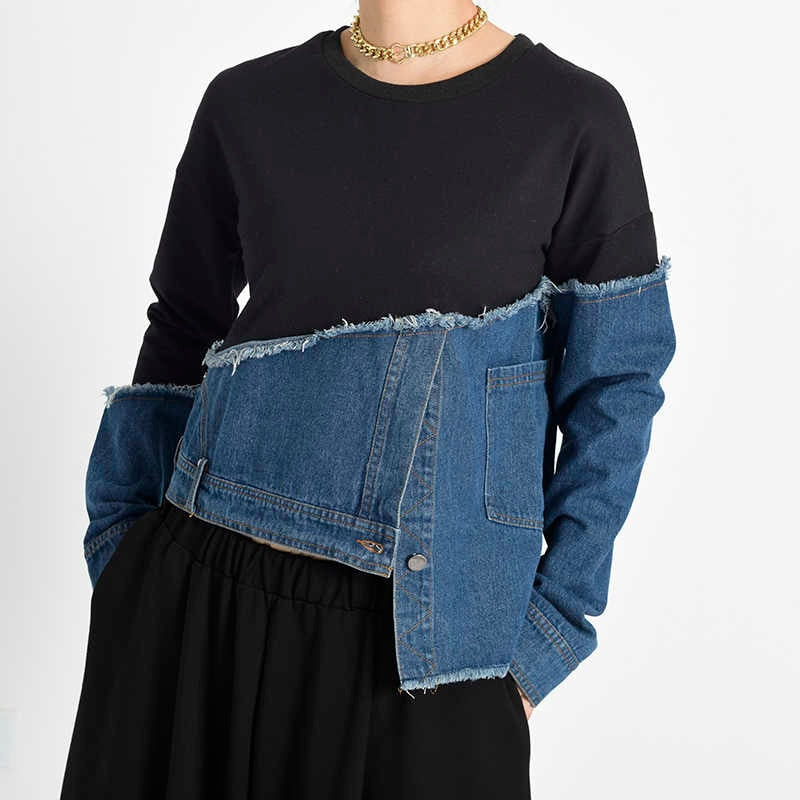 Denim Patchwork Asymmetrical Long Sleeve Sweatshirt