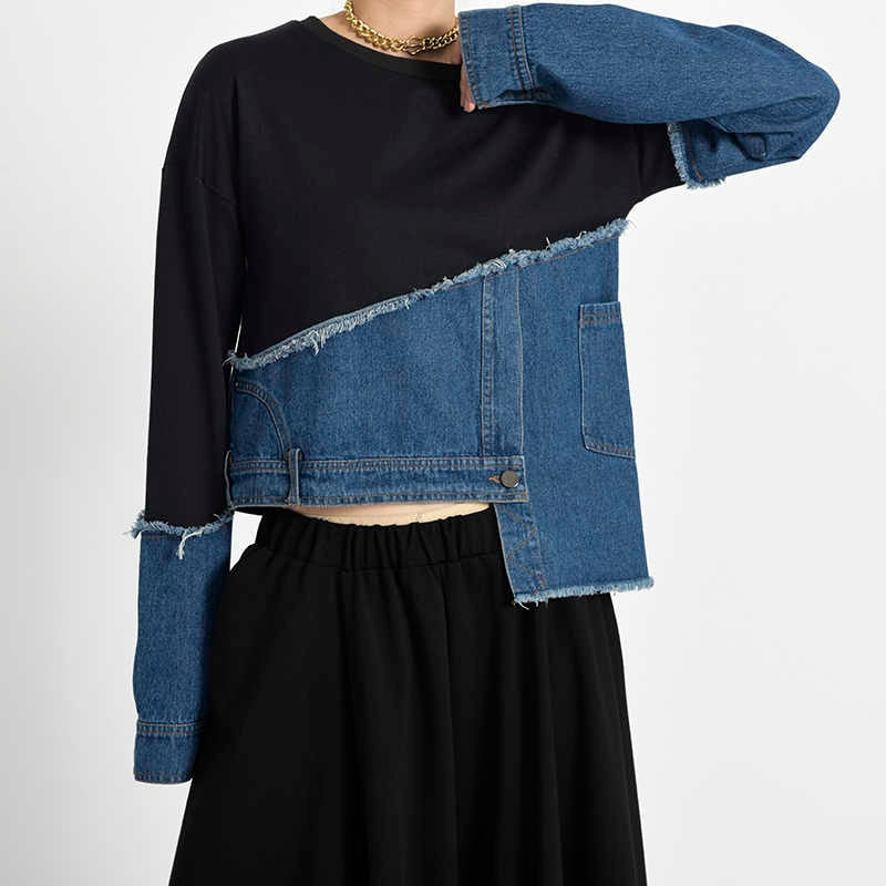 Denim Patchwork Asymmetrical Long Sleeve Sweatshirt