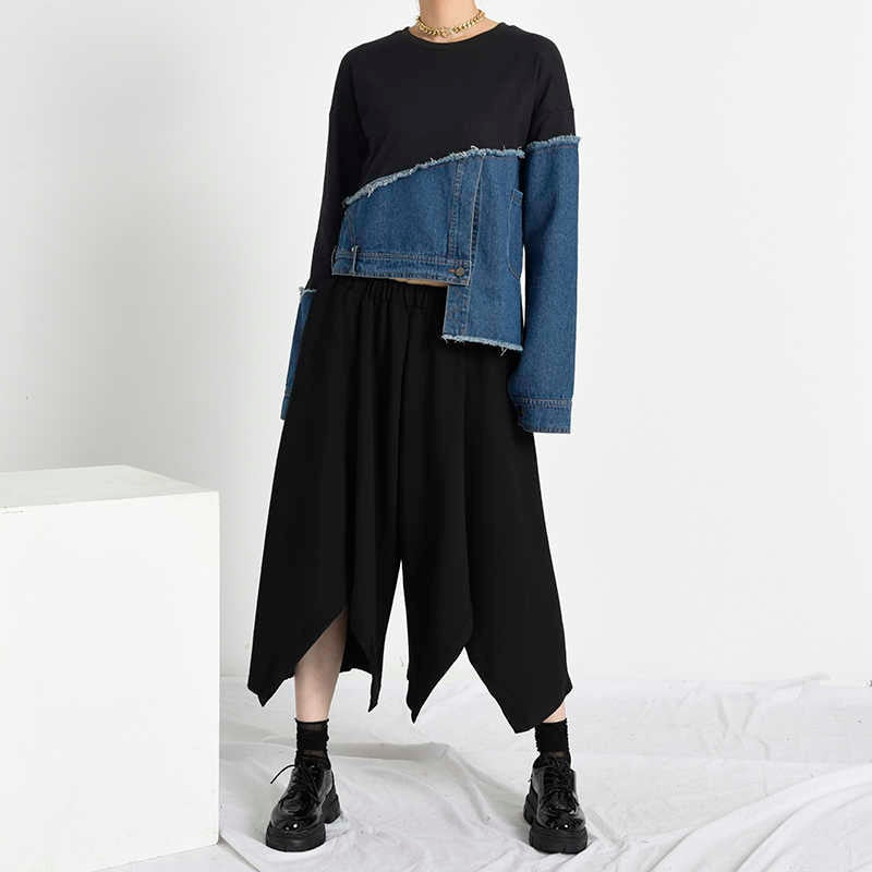 Denim Patchwork Asymmetrical Long Sleeve Sweatshirt