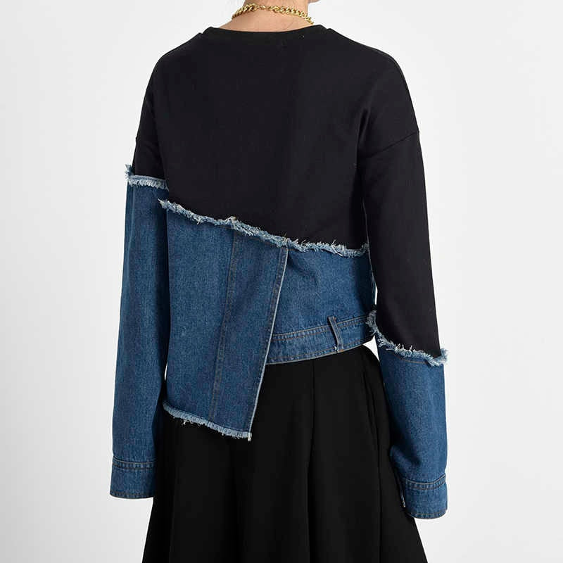 Denim Patchwork Asymmetrical Long Sleeve Sweatshirt