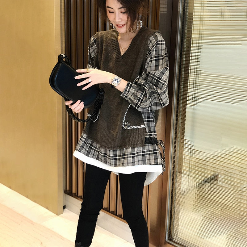 Korean Style Fake two-piece stitching plaid sweater
