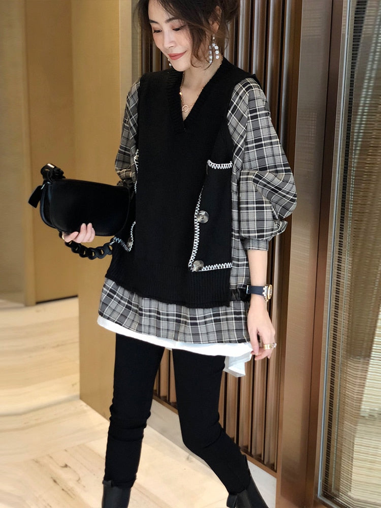 Korean Style Fake two-piece stitching plaid sweater