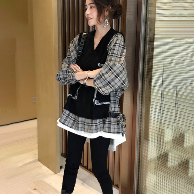 Korean Style Fake two-piece stitching plaid sweater