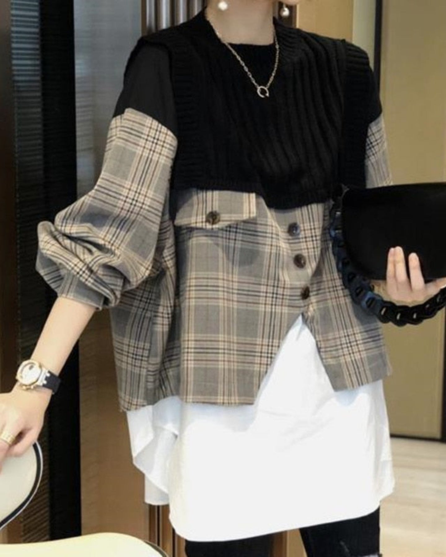 Oversize Fake Two Piece Plaid Pullover Top