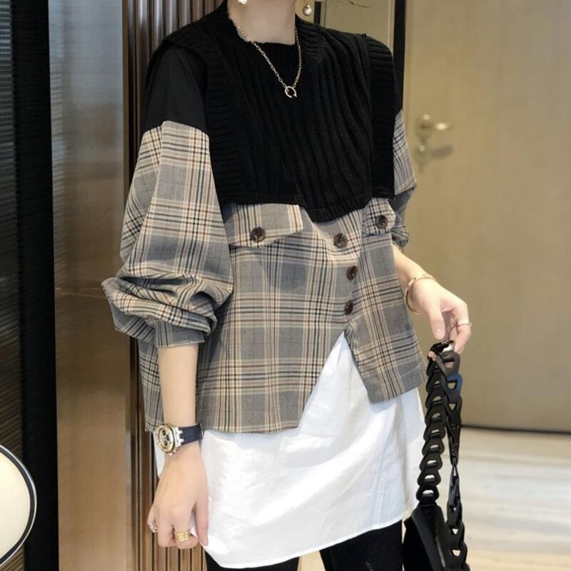 Oversize Fake Two Piece Plaid Pullover Top