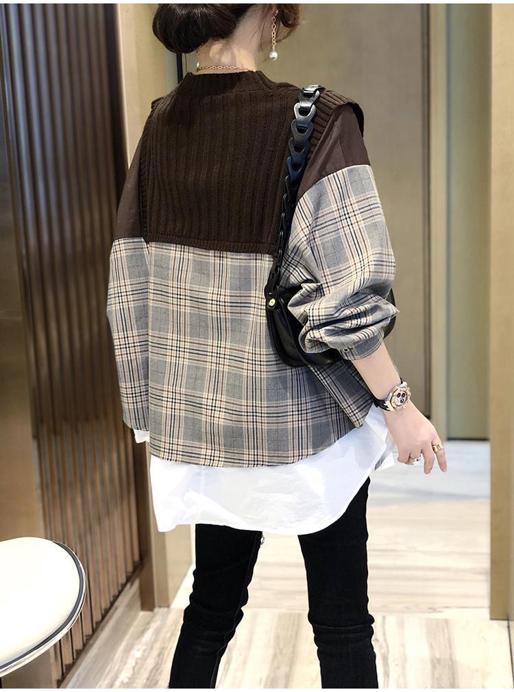 Oversize Fake Two Piece Plaid Pullover Top