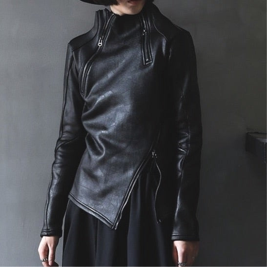Stand Collar Diagonal Zipper Faux Leather Top