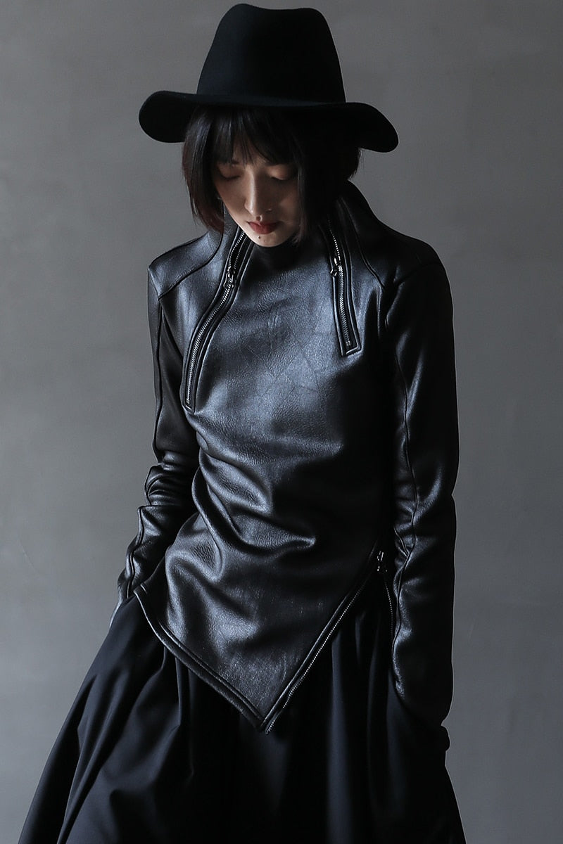 Stand Collar Diagonal Zipper Faux Leather Top