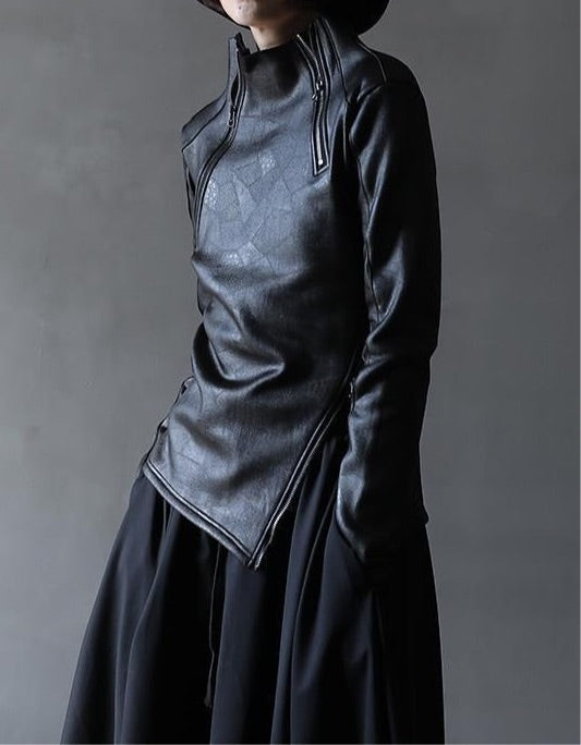 Stand Collar Diagonal Zipper Faux Leather Top
