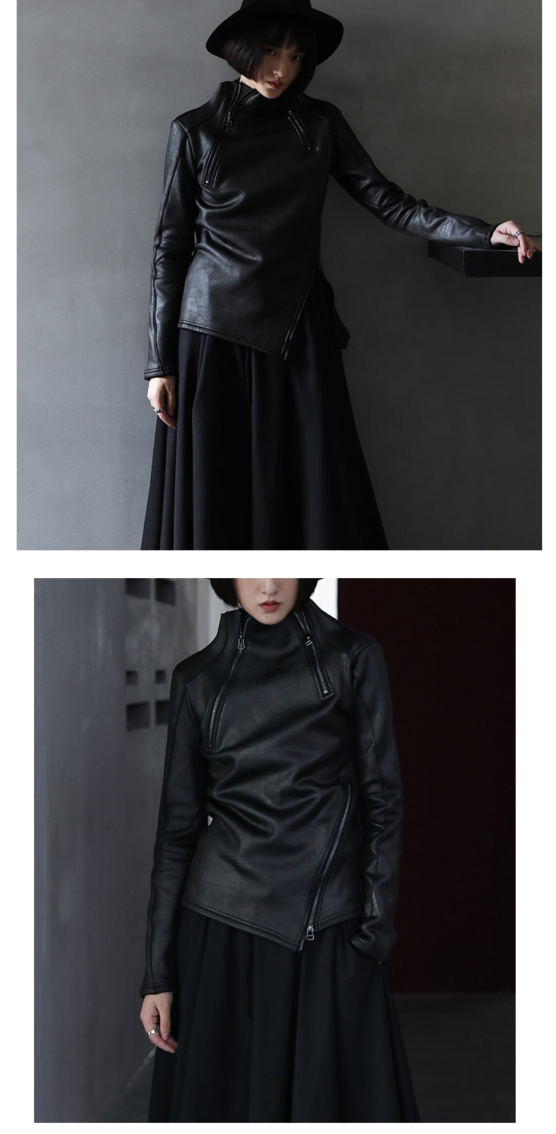 Stand Collar Diagonal Zipper Faux Leather Top