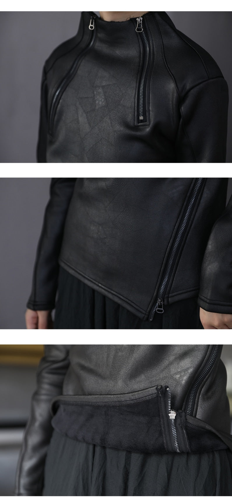Stand Collar Diagonal Zipper Faux Leather Top