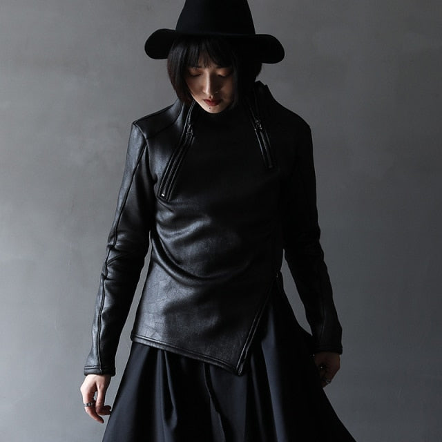 Stand Collar Diagonal Zipper Faux Leather Top