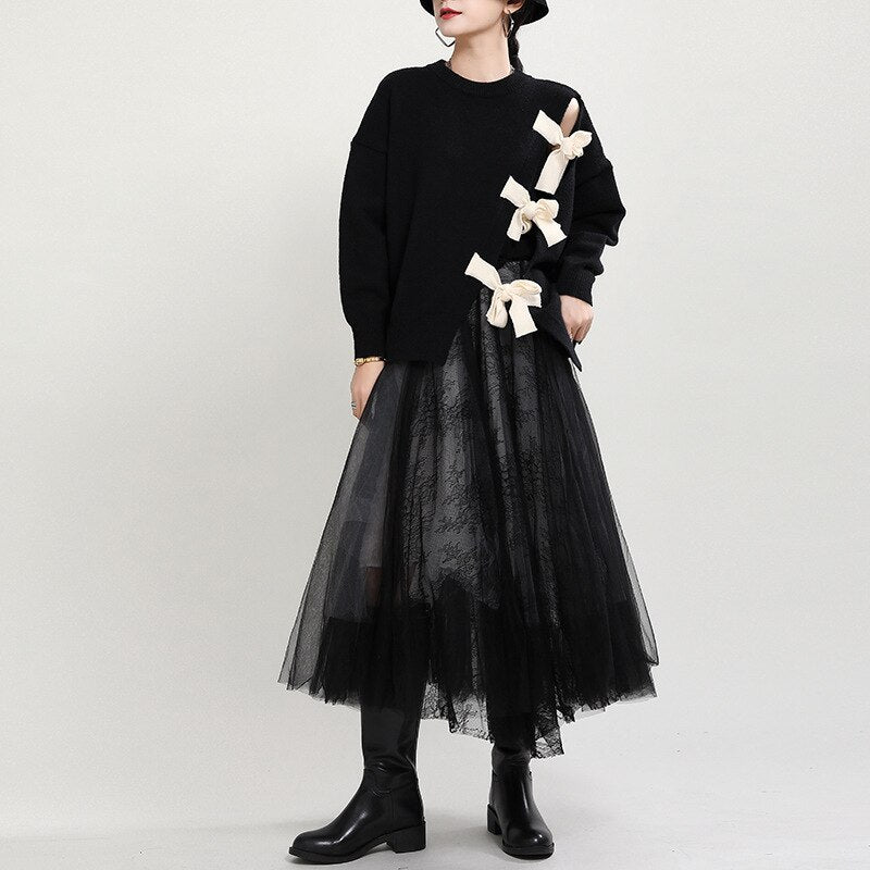 Korean Style Asymmetric Knit Top with Bow Tie Closure