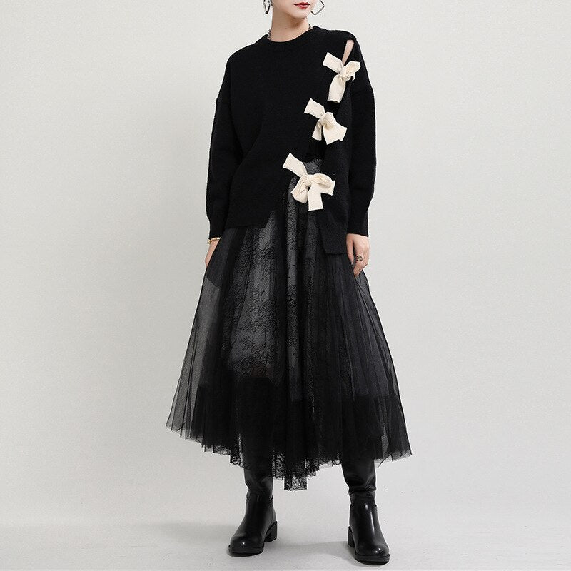 Korean Style Asymmetric Knit Top with Bow Tie Closure