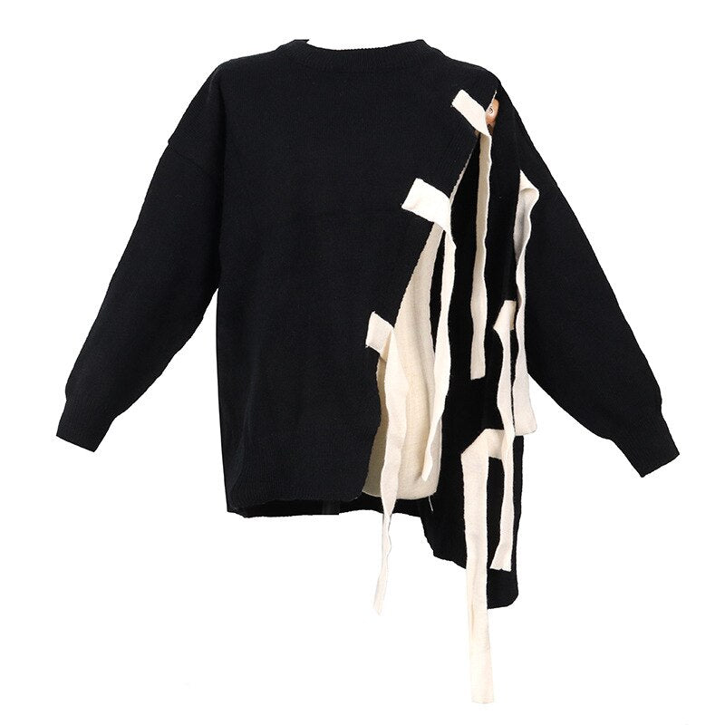 Korean Style Asymmetric Knit Top with Bow Tie Closure