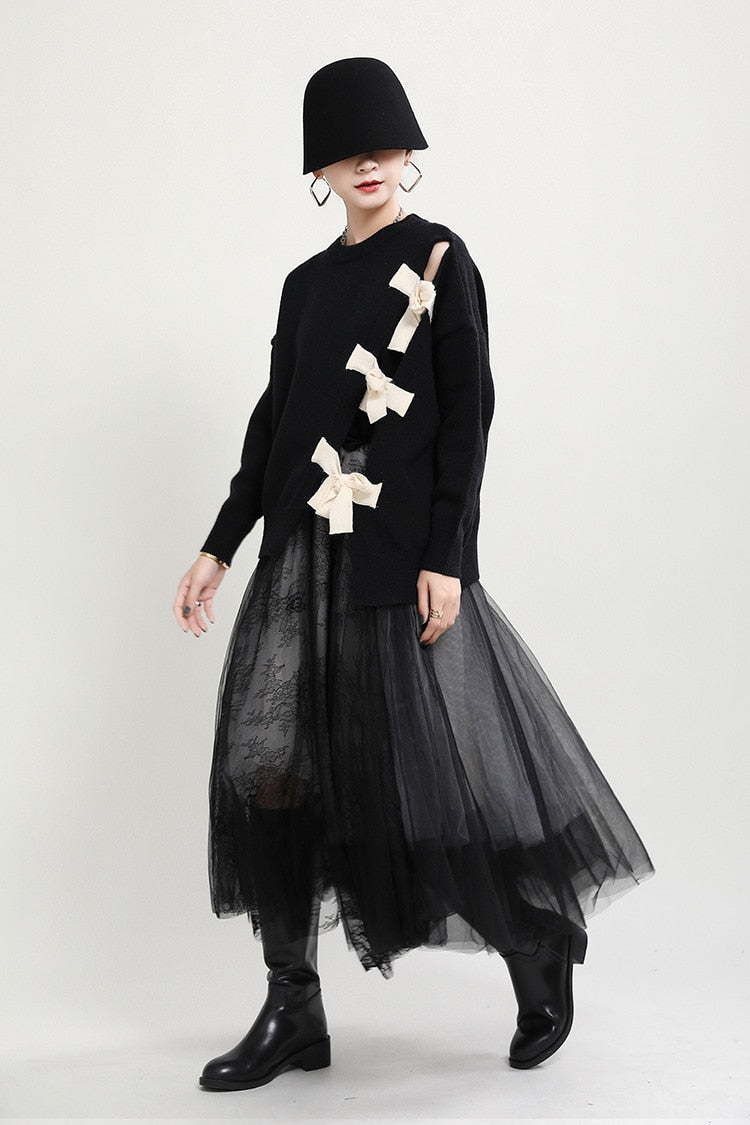 Korean Style Asymmetric Knit Top with Bow Tie Closure