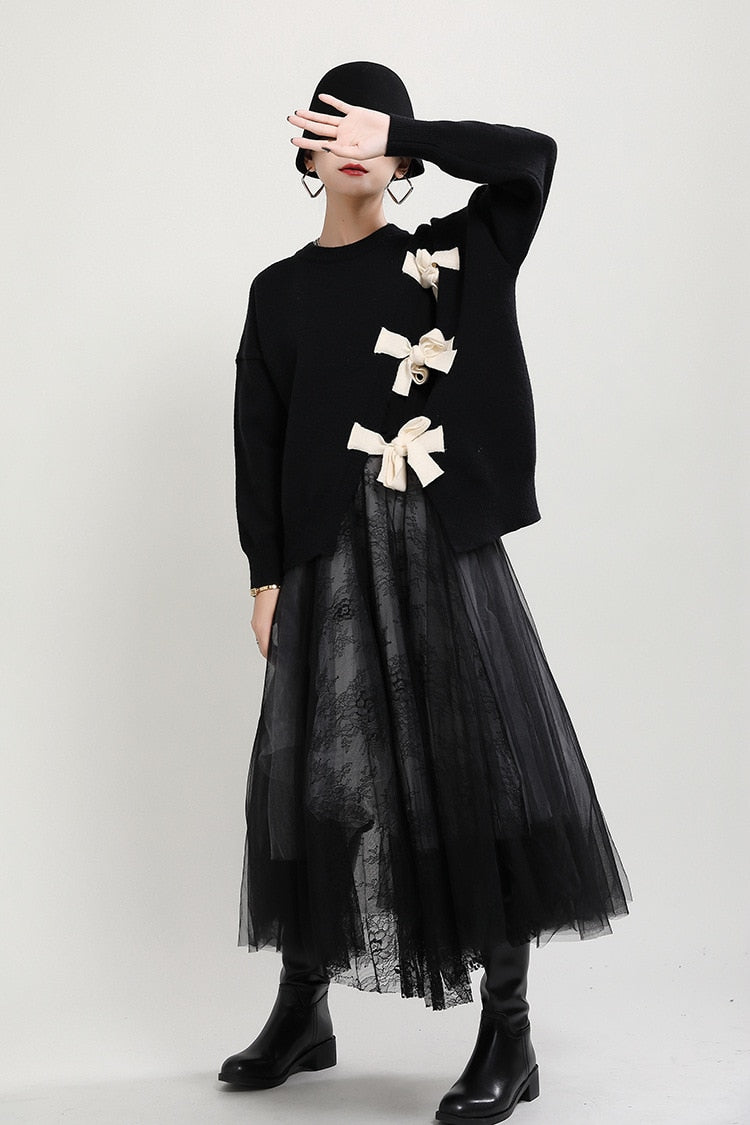 Korean Style Asymmetric Knit Top with Bow Tie Closure