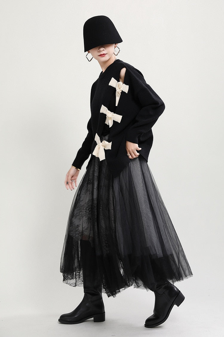 Korean Style Asymmetric Knit Top with Bow Tie Closure