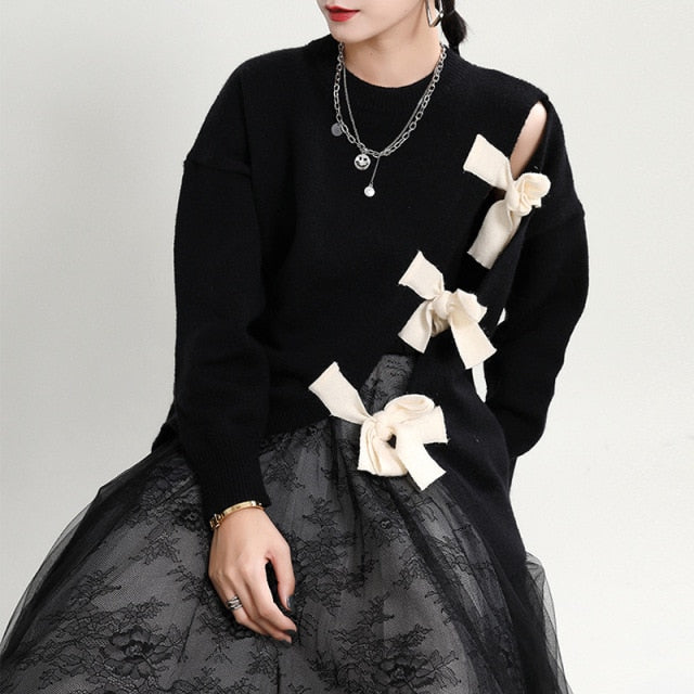 Korean Style Asymmetric Knit Top with Bow Tie Closure