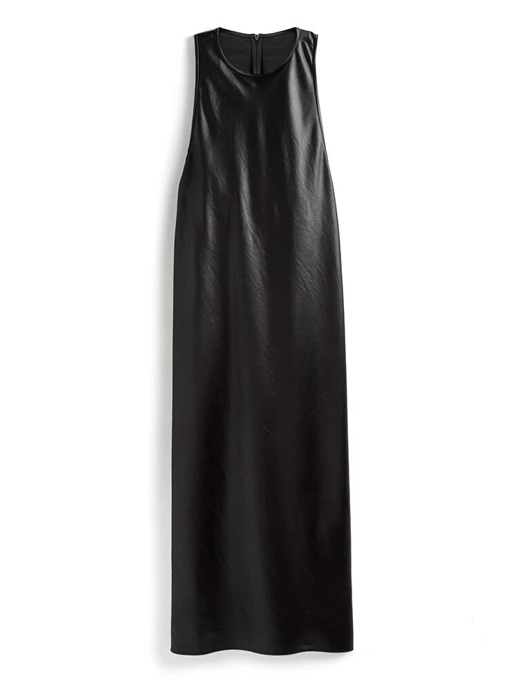 Stylish Black Long Faux Leather Dress with Open Back