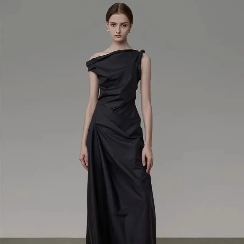 Black Asymmetric Off Shoulder Long Evening Dress