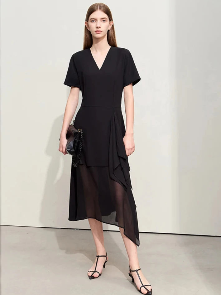 Unique Chiffon Dress with Asymmetric Sheer Hem