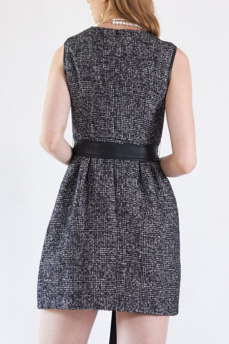 Classy Tweed Dress with Faux Leather Slash