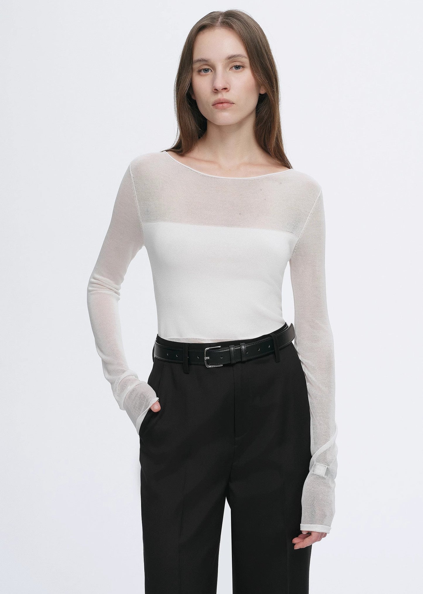 Transparent Patchwork Acetate Tencel Slim Fit Long Sleeve T-Shirt