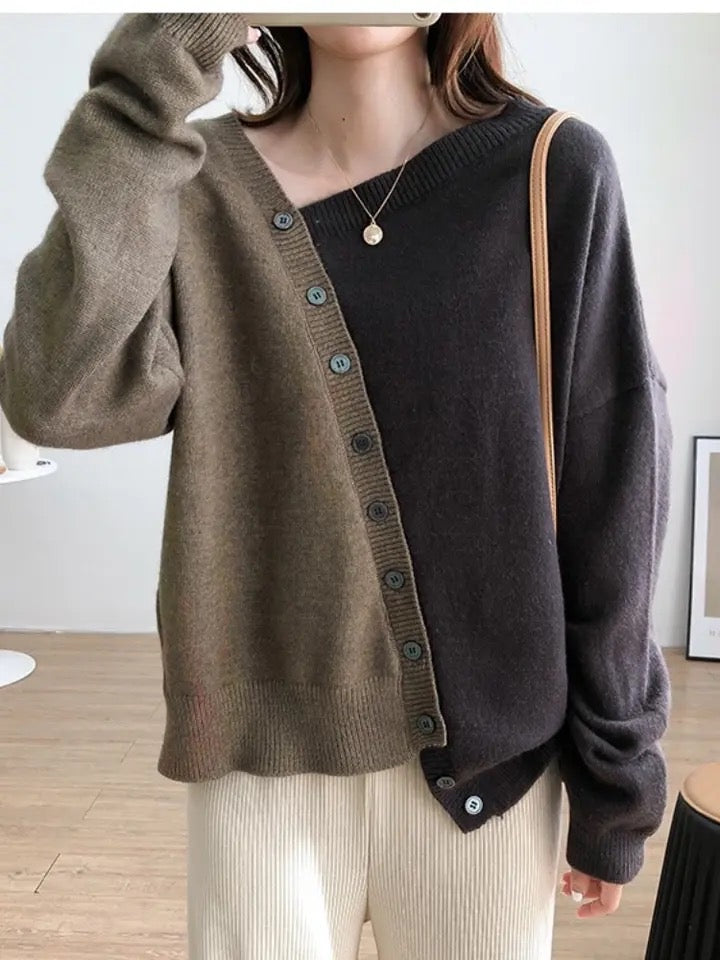 Asymmetrical Button Front Color Contrast Sweater