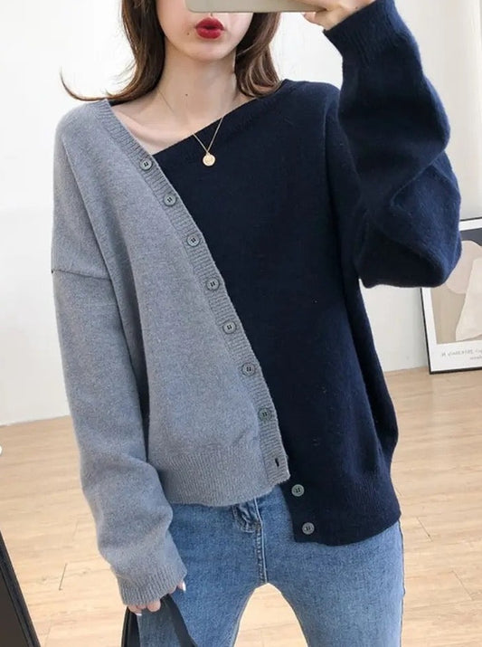 Asymmetrical Button Front Color Contrast Sweater