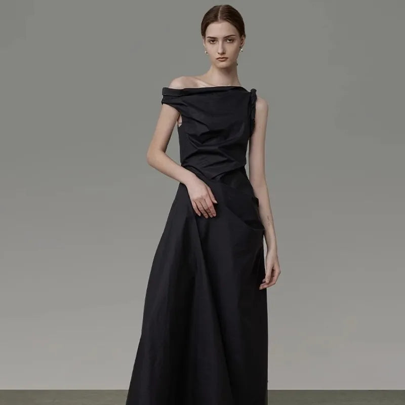 Black Asymmetric Off Shoulder Long Evening Dress