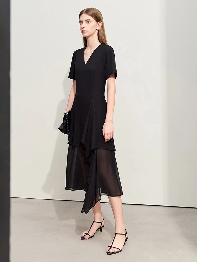 Unique Chiffon Dress with Asymmetric Sheer Hem