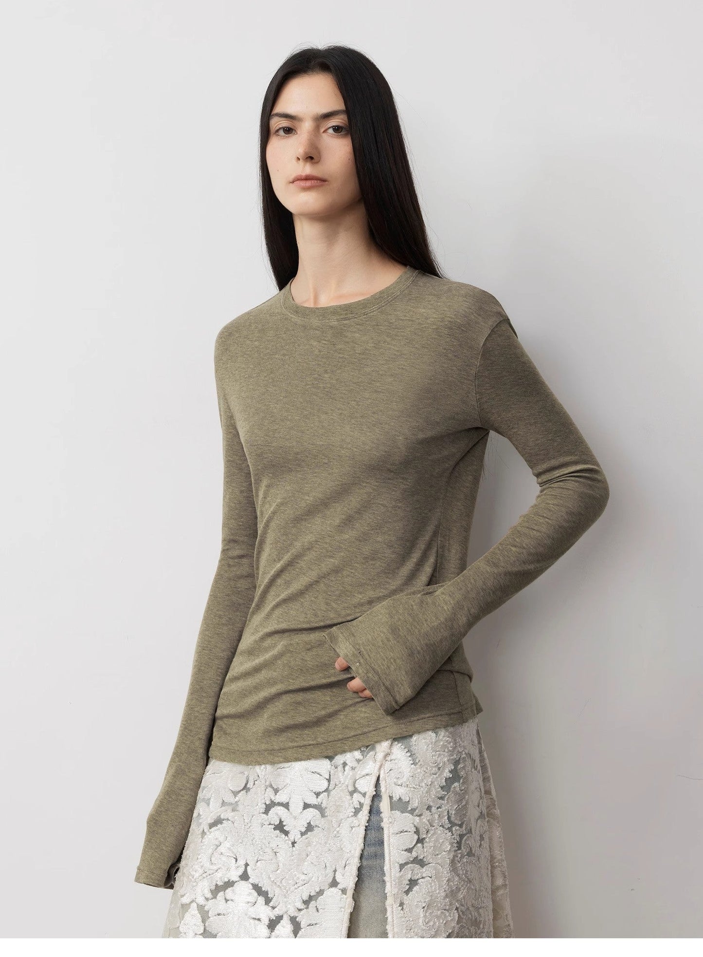 Merino Wool Blended Stretchy Breathable Fitted Minimalist Long Sleeved T-Shirt