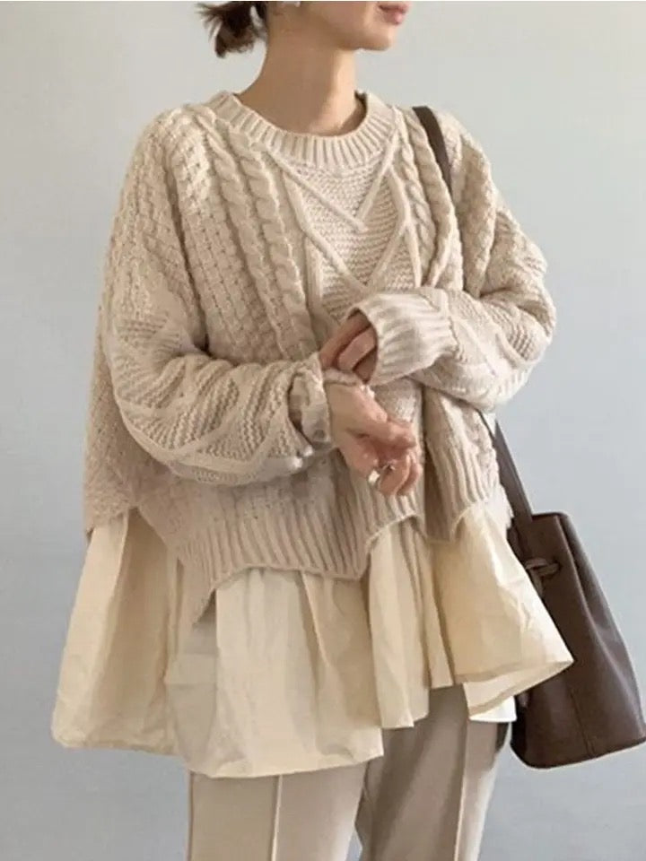 Relax Fake Two Pieces Cable Sweater